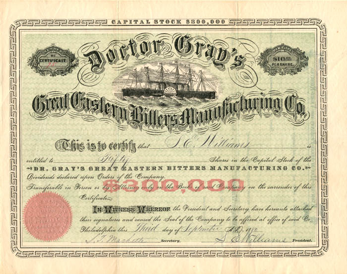 Doctor Gray's Great Eastern Bitters Manufacturing Co. - Stock Certificate